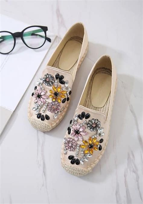 Apricot Square Toe Flat Rhinestone Flower Shaped Casual Flats Casual