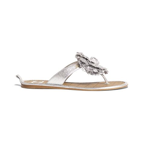 Laminated Crumpled Goatskin Silver Sandals Chanel