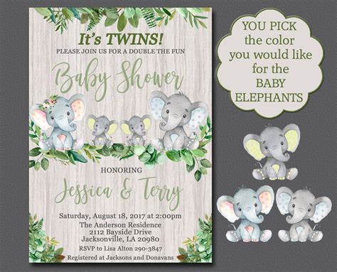 Elephant TWINS Baby Shower Invitation Rustic Greenery Etsy UK