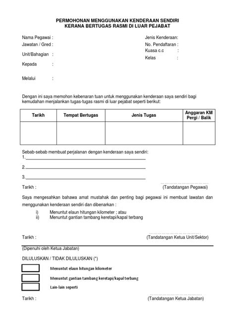 Guru yang menggunakan kenderaan sendiri untuk membawa murid dikehendaki mengisi borang kebenaran penggunaan kenderaan sendiri. Kebenaran Membawa Kenderaan