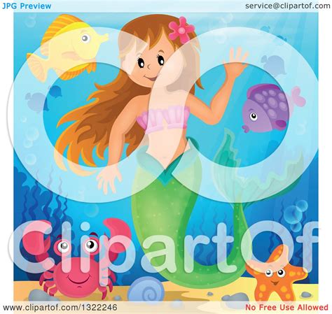Clipart Of A Happy Caucasian Female Mermaid Waving Surrounded By Sea