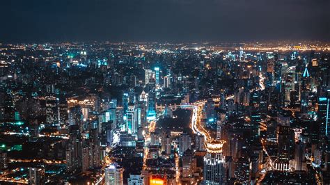 Download Wallpaper 1600x900 Night City Aerial View Skyscrapers City