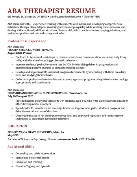 Aba Therapist Resume Sample Skills And Free Download
