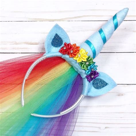 Rainbow Unicorn Headband W Tulle Veil Rainbow Pony Party Etsy