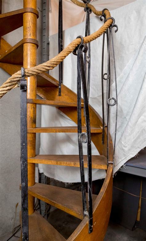 1930s Wood Spiral Staircase With Wrought Iron Balusters And Rope