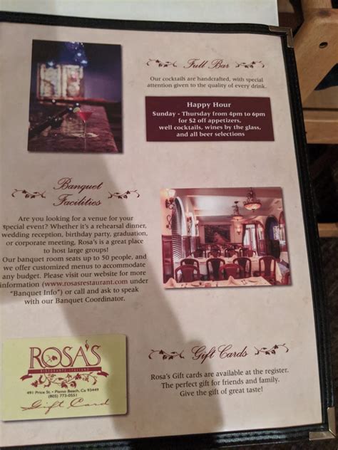 Rosas Italian Restaurant Menu Pismo Beach Ca 93449