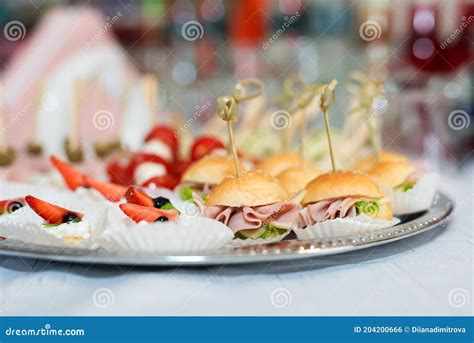 The Buffet At The Reception Assortment Of Canapes On A Table Banquet