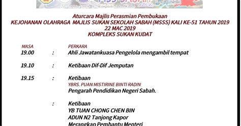 Hadirin sekalin, dengan berakhirnya gimik perasmian sebentar tadi, maka berakhirlah majlis kita pada petang ini. Aturcara Majlis Perasmian Kejohanan