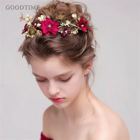 Classic Hair Jewelry Red Flower Gold Butterfly Headbands Pearls Bridal