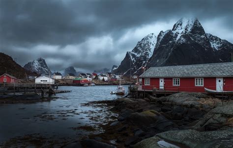 Wallpaper Clouds Snow Mountains Home Storm Boats Village Norway