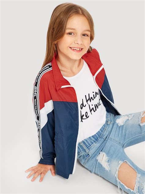 Girls Contrast Panel Letter Tape Windbreaker Jacket Kids Outfits