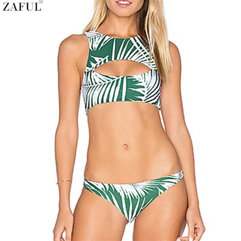 Zaful 2017 Women New Cut Out Tropical Print Bikini Set Mid Waisted