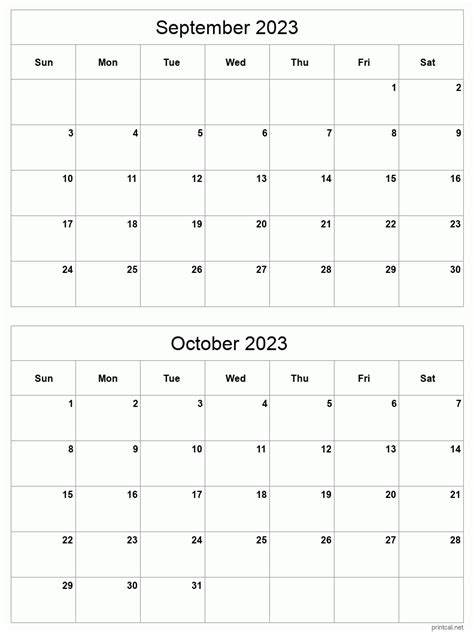 September To October 2023 Printable Calendar Two Months Per Page