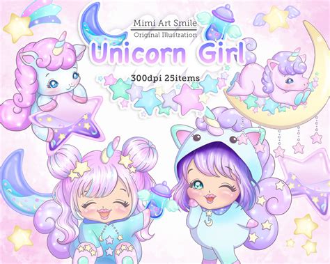 Unicorn Girl Clipart Kawaii Baby Unicorn Clip Art Cute Etsy