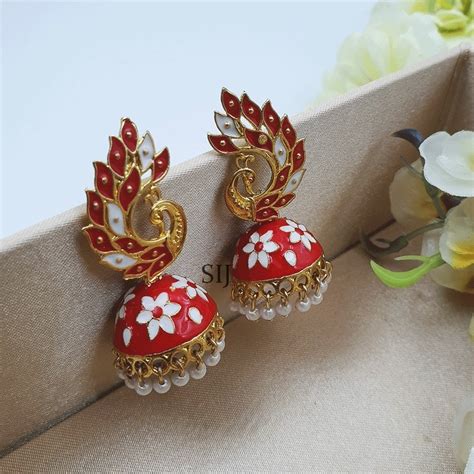 Red Color Minakari Peacock Designer Earrings South India Jewels