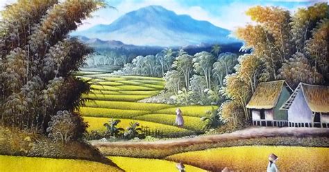 lukisan pemandangan sawah padi simple foto pemandangan alam pedesaan