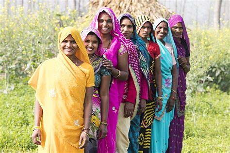 Smiling Indian Group Rural Womens Neighbour Standing Queue S Farm Village