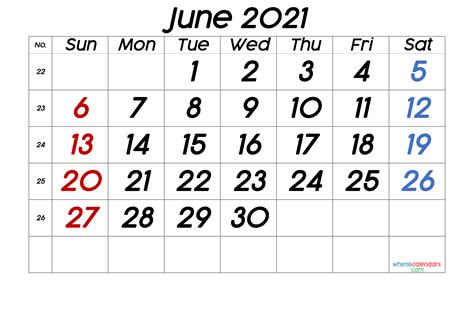 Printable June 2021 Calendar