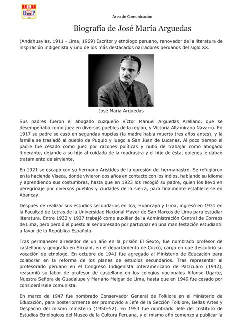 Vida De JosÉ María Arguedas Biografía De José María Arguedas