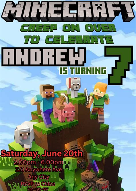 Editable Minecraft Birthday Invitation Minecrafter Birthday Etsy