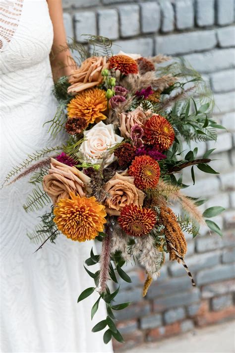 Moody Fall Bohemian Bridal Bouquet With Dahlias Toffee Roses And Mums