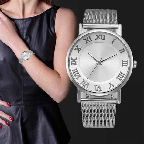 classic mesh band watch women fashion roman numerals dial watches ladies elegant stainless steel