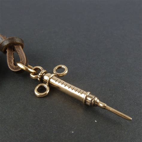 Syringe Necklace Bronze Syringe Pendant On Leather Steampunk