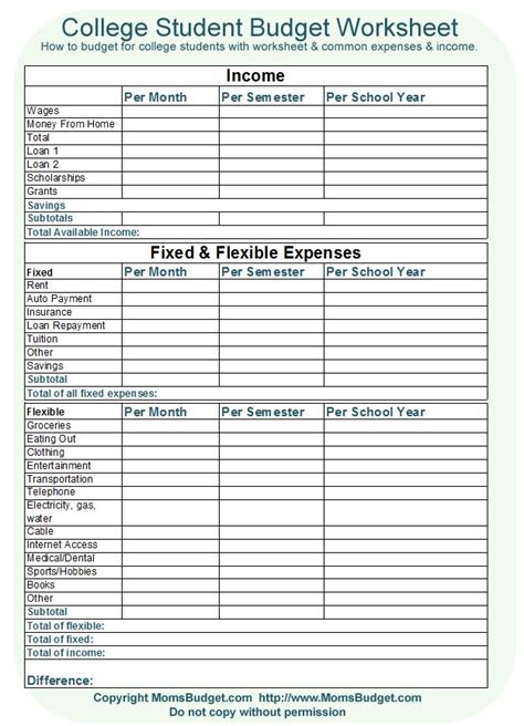 college student budget worksheet  printable worksheet