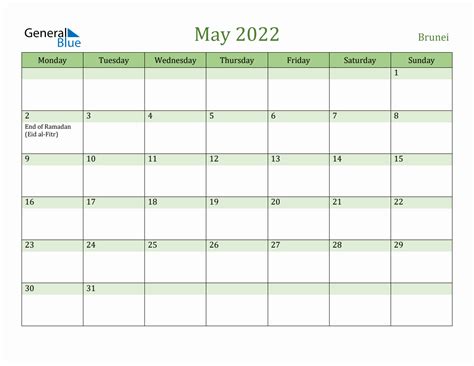 Fillable Holiday Calendar For Brunei May 2022