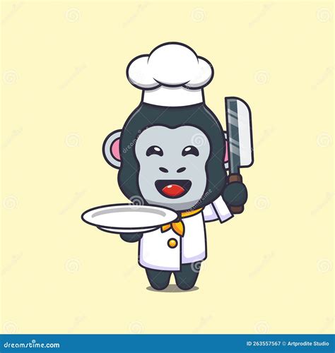 Cute Chef Gorilla Mascot Cartoon Character With Knife And Plate Stock