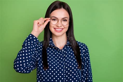 Photo Of Healthy Lovely Cute Girl Look Camera Wear Spectacles Dotted