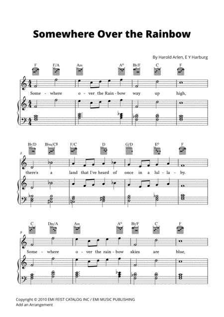 Somewhere Over The Rainbow Piano Vocal Chords Lead Sheet With Guitar