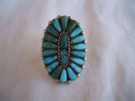 Huge Vintage Navajo Sterling Silver Turquoise Cluster Petit Point Ring