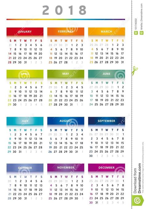 Hier finden sie den kalender 2021 mit nationalen und anderen feiertagen für deutschland. 2018 Calendar In Rainbow Colors 3 Columns - English Stock ...
