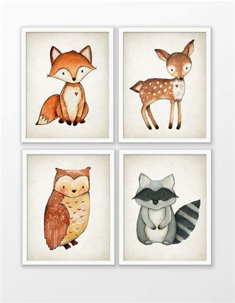 Woodland Watercolor Animals Nursery Prints Set Of By