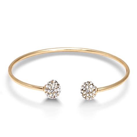 Yellow Gold Plated Open Bangle Bracelet With Crystal End Piece