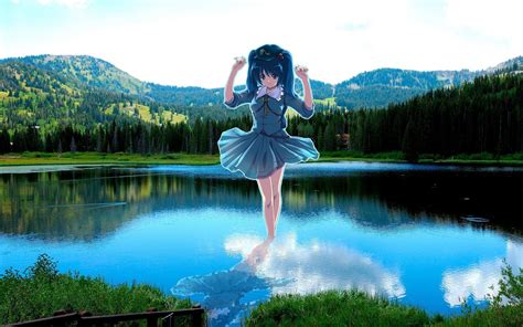 Wallpaper Anime Girl Model Lake Landscape Mountain