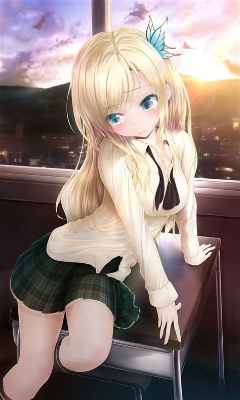 wallpaper blonde long hair anime girls blue eyes legs black hair knee highs skirt boku