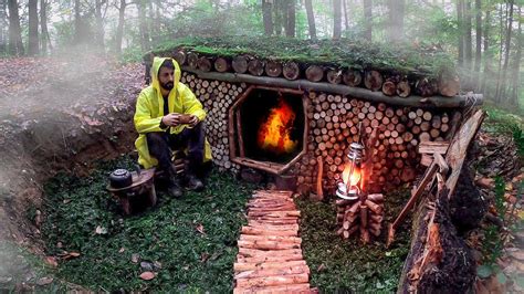 Bushcraft Camp In The Woods Moss Roof Shelter Build Survival Tiny