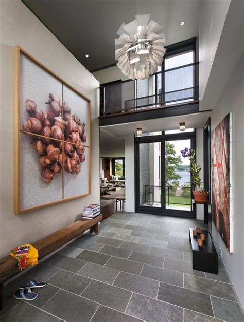 Tile Entryway Entry Modern With Double Height Flush Mount Ceiling