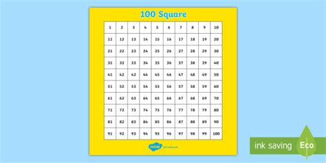 100 Hundred Square Number Square Hundred Square Counting