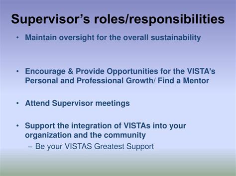 In this introduction to the role of the supervisor we consider pure supervisory positions, and supervision of subordinates. PPT - MCC*VISTA Host Site Orientation PowerPoint ...