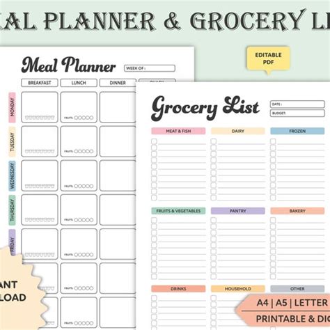 Editable Weekly Meal Planner Grocery List Printable Etsy