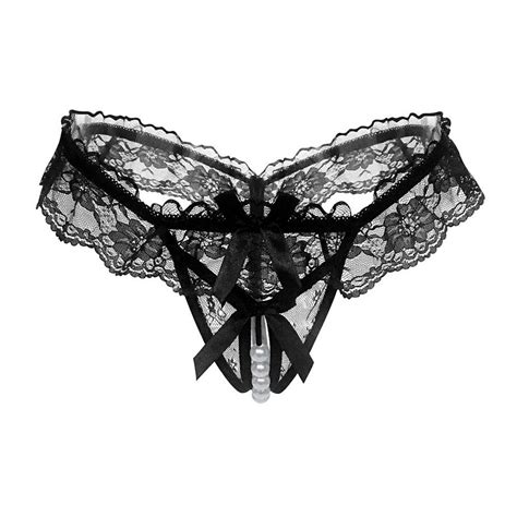 Crotchless Thong G String Bow Panties In Soft Stretch Lace With Pearls Sexy Crotchless Panties