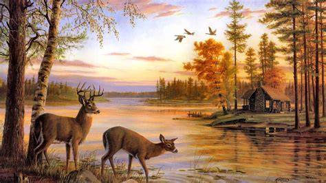 🥇 Nature Forest Birds Deer Artwork Cabin Lakes Wallpaper 7185