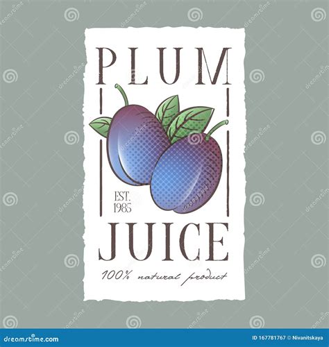 Plum Juice Label Healthy Fruit Beverage Two Blue Fruits With Leaves