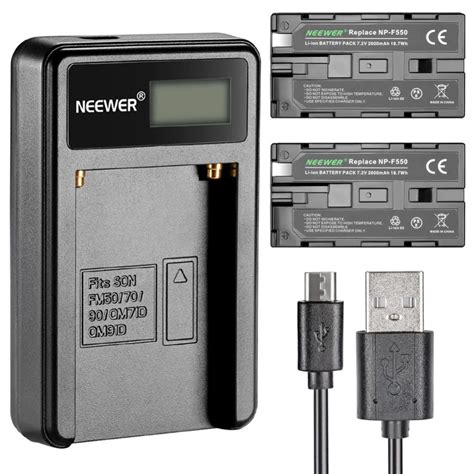 neewer micro usb battery charger 2 pack 2600mah np f550 570 530 replacement batteries for sony