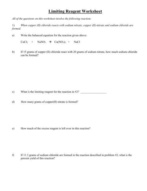 Limiting Reactant Problems Worksheet — Db