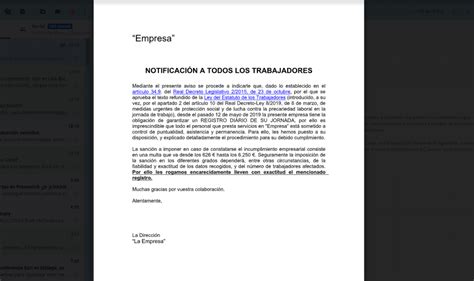 Modelo De “comunicación A Los Trabajadores Registro De Jornada” Rc Eleven