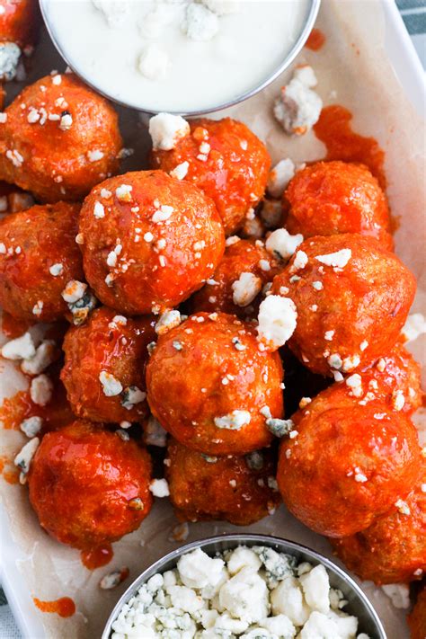 Mini Buffalo Chicken Meatballs With Blue Cheese Crumbles The Buttered Gnocchi